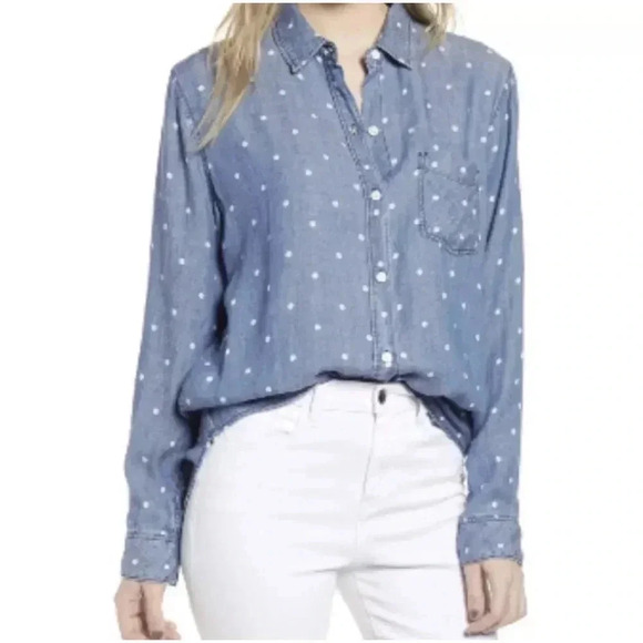 Rails Chambray Button Down Denim Polka Dots Long Sleeve Linen Blend Ingrid - Picture 9 of 9